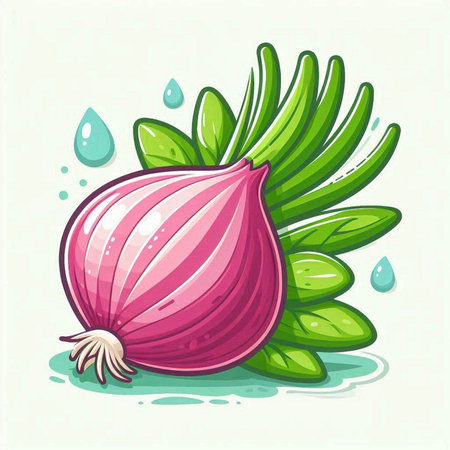 Illustration of a fresh red onion with leaves and drops of waterのイラスト素材