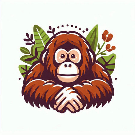 Vector illustration of a funny cartoon orangutan with leaves on white background.のイラスト素材