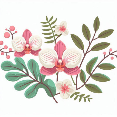 Illustration of white and pink orchids with leaves and berriesのイラスト素材