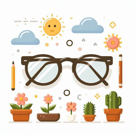 Flat style vector illustration with glasses, cactus, sun and clouds.のイラスト素材