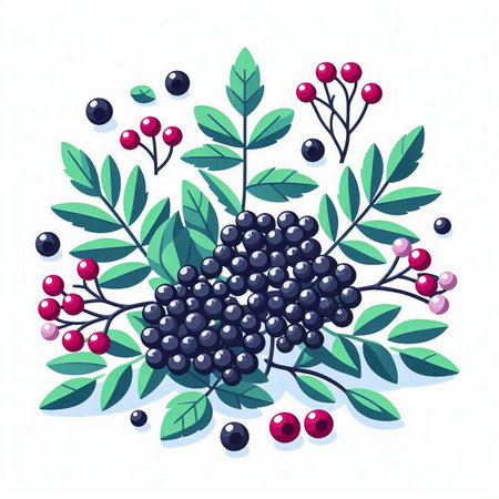Bunch of black chokeberry with leaves and berries. Vector illustration.のイラスト素材