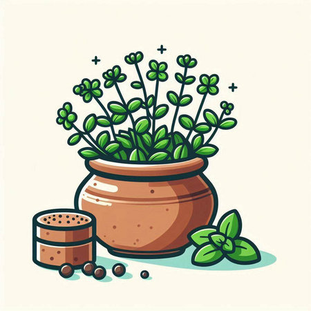 Flowerpot with herbs and spices. Vector illustration in cartoon style.のイラスト素材