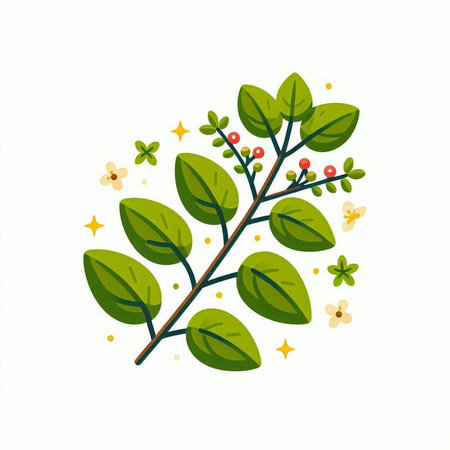 Green leaves and flowers on white background. Vector illustration for your designのイラスト素材