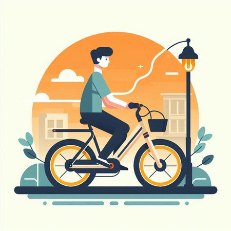 Young man riding a bicycle in the city. Flat style vector illustration.のイラスト素材