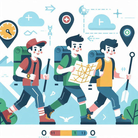 Vector illustration of a group of people with map and compass. Flat style.のイラスト素材
