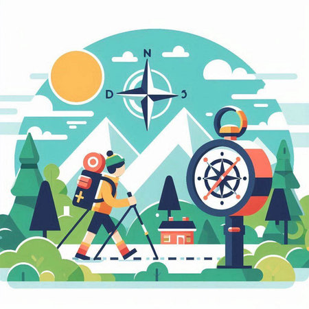 Vector illustration of a man with a compass and a backpack on the background of the mountains.のイラスト素材
