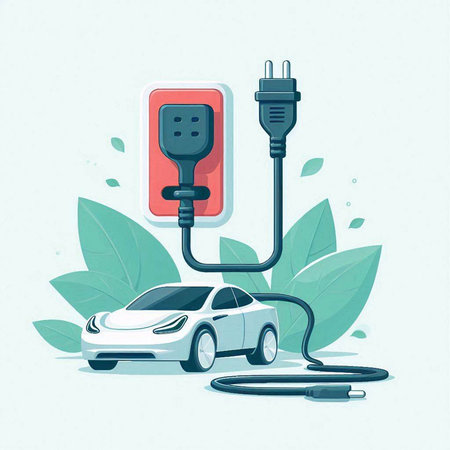 Electric car and plug on green leaves. Vector illustration in flat styleのイラスト素材