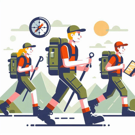 Hiking people flat vector illustration. Group of tourists with backpacks and trekking equipment walking on the road.のイラスト素材