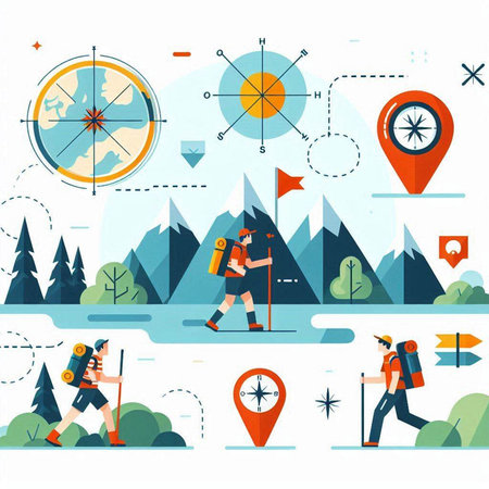 Tourist man and woman with map, compass, compass and mountains flat vector illustration.のイラスト素材