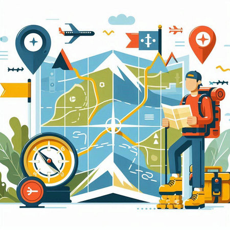 Vector illustration with map, compass and tourist. Travel and tourism conceptのイラスト素材
