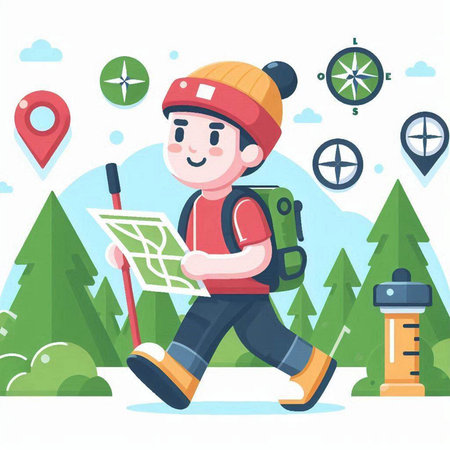 Boy with a backpack and map. Vector illustration in cartoon style.のイラスト素材