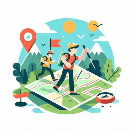 Vector illustration of a tourist man with a map and a backpack.のイラスト素材