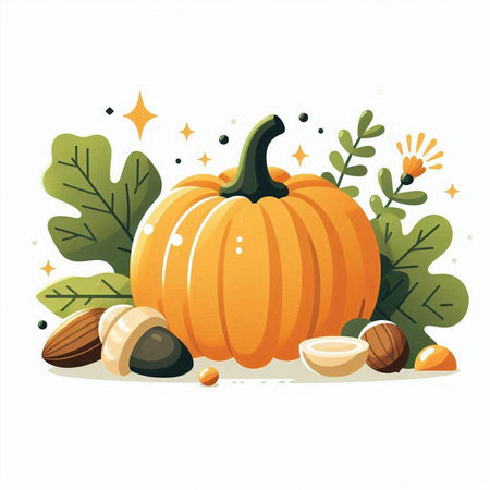 Pumpkin and nuts on a white background. Vector illustration.のイラスト素材