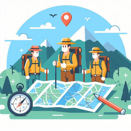 Travelers with map and compass. Vector illustration in flat style.のイラスト素材
