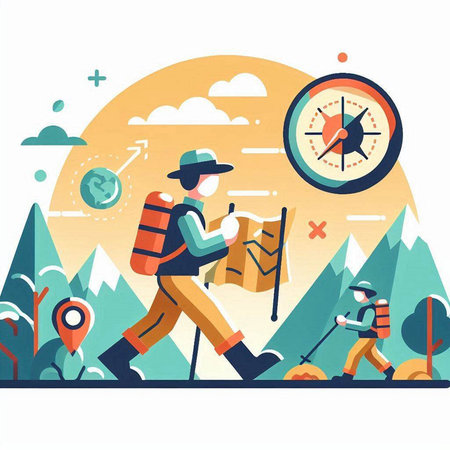 Vector illustration of a tourist with a map and a compass in the mountainsのイラスト素材
