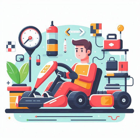 Man driving a vacuum cleaner in the flat style. Vector illustration.のイラスト素材