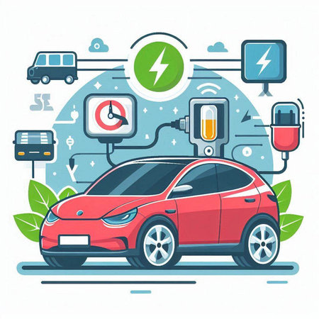 Electric car charging station. Electric vehicle charging station. Vector illustration.のイラスト素材
