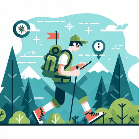Hiking man with backpack in the mountains. Flat design vector illustration.のイラスト素材