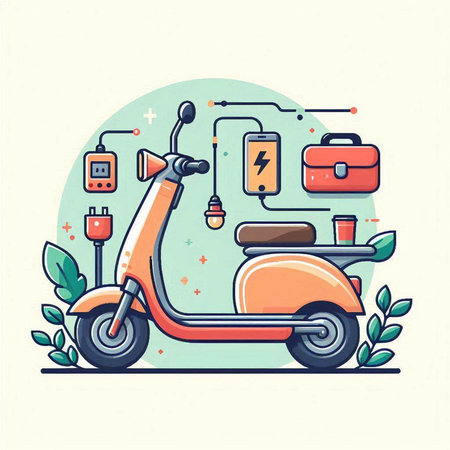 Vintage scooter with electric cable and charging station, vector illustrationのイラスト素材