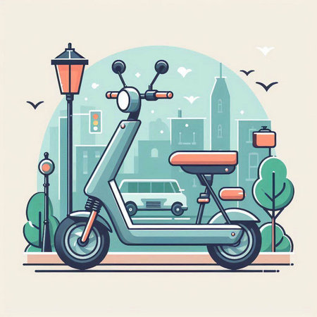 Vintage scooter in the city. Vector illustration in flat styleのイラスト素材