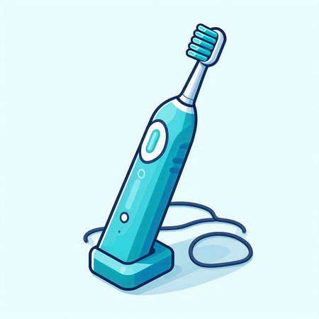 Electric toothbrush. Vector illustration in cartoon style on blue background.のイラスト素材