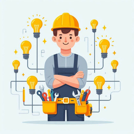 Builder with tools. Vector illustration in cartoon style. Isolated on white background.のイラスト素材