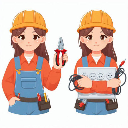 Illustration of a Cute Little Girl and a Female Electricianのイラスト素材