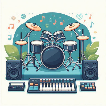 Drum kit on a white background. Vector illustration in flat style.のイラスト素材