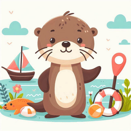 Cute otter on the beach with toys. Vector illustration.のイラスト素材
