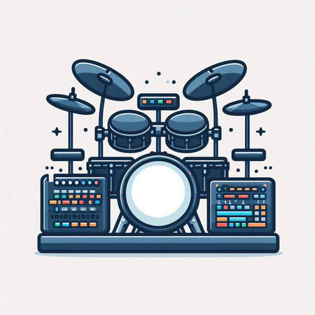 Drum kit icon. Vector illustration in flat linear style on white background.のイラスト素材