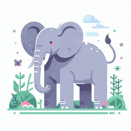 Vector illustration of cute elephant in the park. Flat style design.のイラスト素材