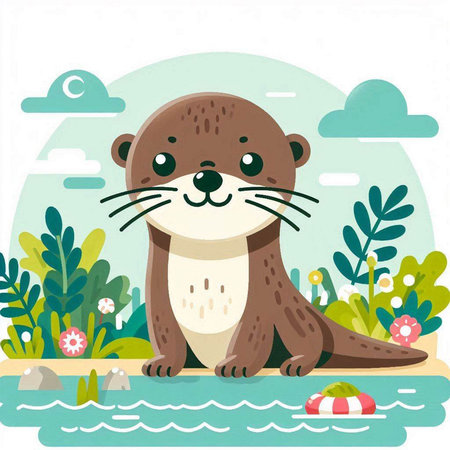 Cute cartoon otter on the seashore. Vector illustrationのイラスト素材