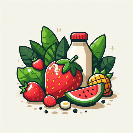Vector illustration of a bottle of milk, strawberries, watermelon and mint leaves.のイラスト素材