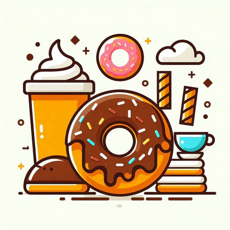 Donut, coffee and ice cream. Vector illustration in line style.のイラスト素材