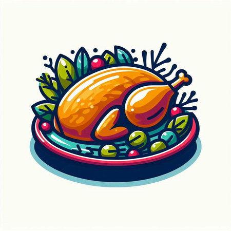 Roast turkey on a plate with leaves. Vector illustration in cartoon style.のイラスト素材