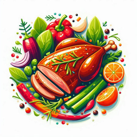 Vector illustration of fresh meat with vegetables, herbs and spices on white backgroundのイラスト素材