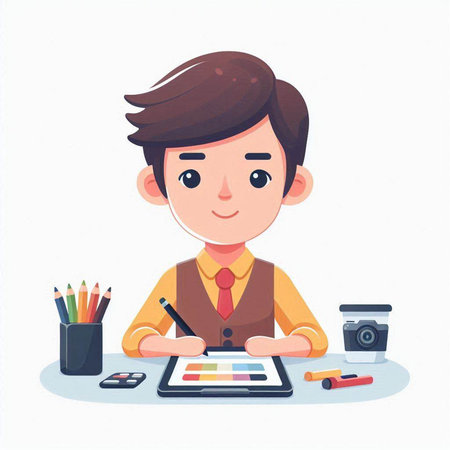 Businessman working at office desk. Vector illustration in cartoon style.のイラスト素材