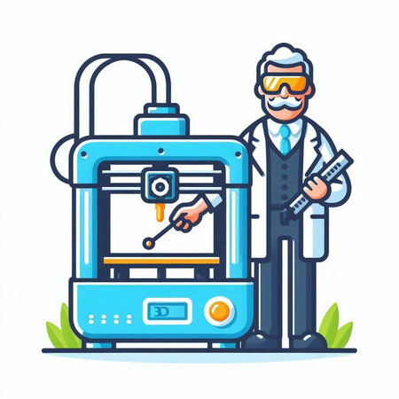 Scientist with 3D printer. Vector illustration in cartoon style.のイラスト素材