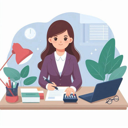 Businesswoman working at office desk. Vector illustration in cartoon style.のイラスト素材