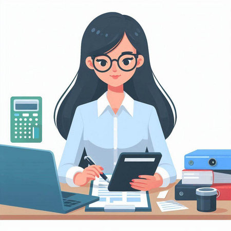 Business woman working at office. Vector illustration in flat cartoon style.のイラスト素材
