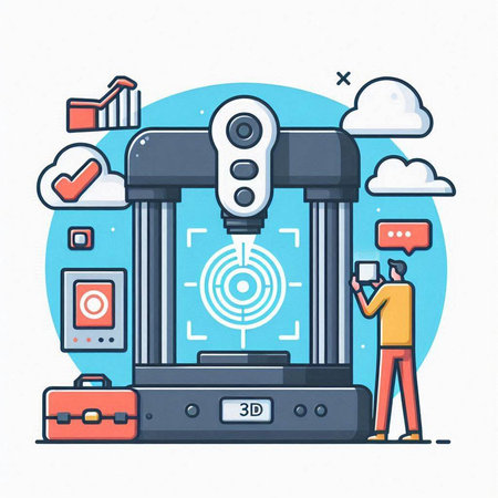 Robot working on 3d printer. Flat design vector illustration.のイラスト素材