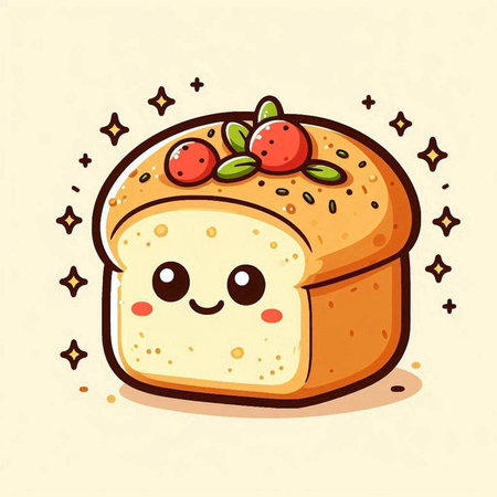 Cute kawaii bread character with strawberry and stars. Vector illustration.のイラスト素材