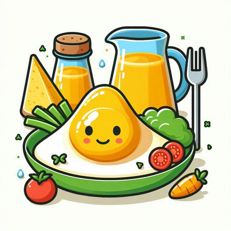 Funny scrambled eggs with vegetables and juice. Vector cartoon illustration.のイラスト素材