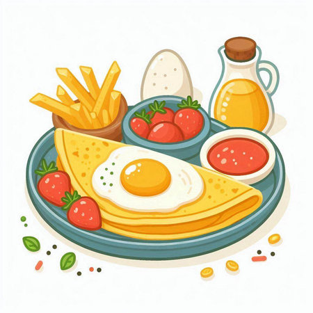 Tasty breakfast with fried eggs and french fries. Vector illustration.のイラスト素材