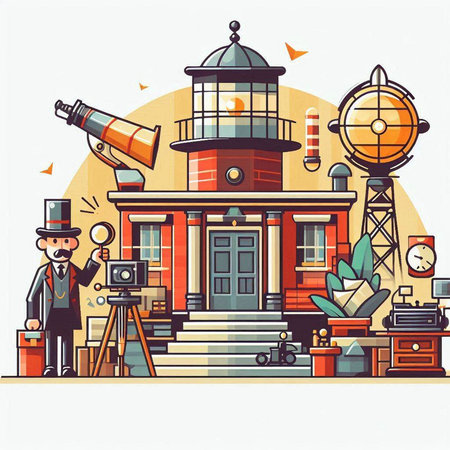 Vector cartoon illustration of a detective with a magnifying glass in front of a lighthouse.のイラスト素材