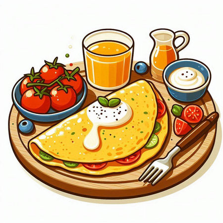 Illustration of omelette with tomato, cheese and sour creamのイラスト素材