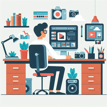 Vector illustration of a man working at the computer in the office.のイラスト素材