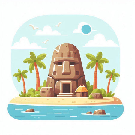 Stone temple on the seashore. Vector illustration in flat styleのイラスト素材