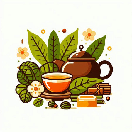 Vector illustration of green tea, teapot, leaves and flowers.のイラスト素材