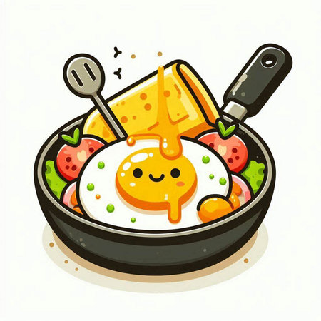 Fried egg in frying pan. Healthy breakfast. Vector illustration.のイラスト素材